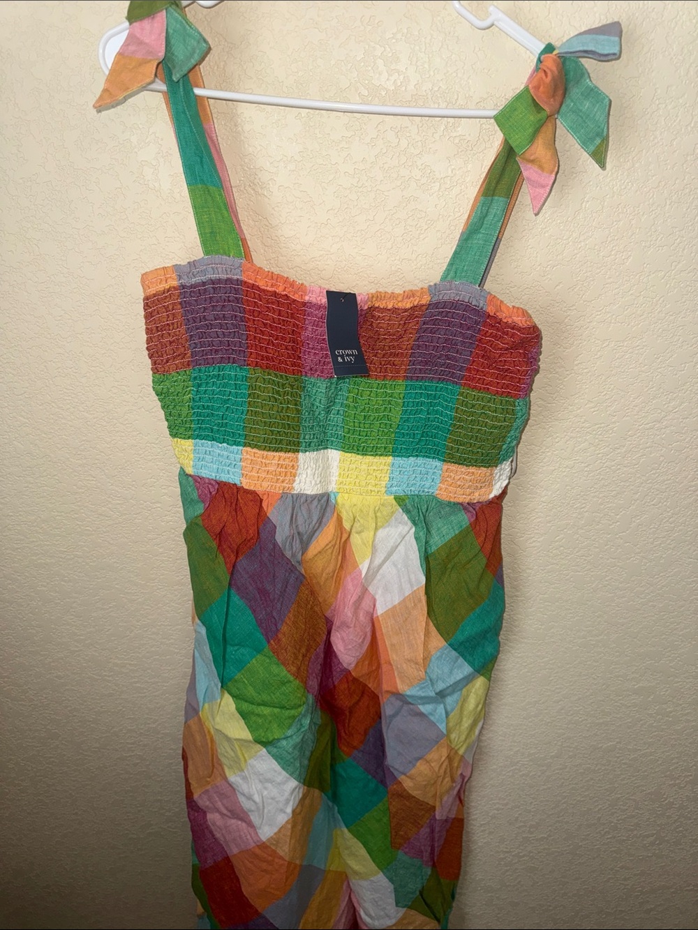 Crown & Ivy Bird Paradise Dress Large NWT Multicolor Smocked Tie Strap Midi - Picture 5 of 7